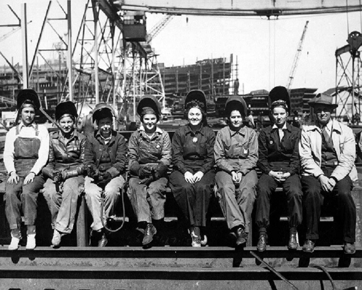 Line up of Women Ship Building Welders Rosie the Riveter