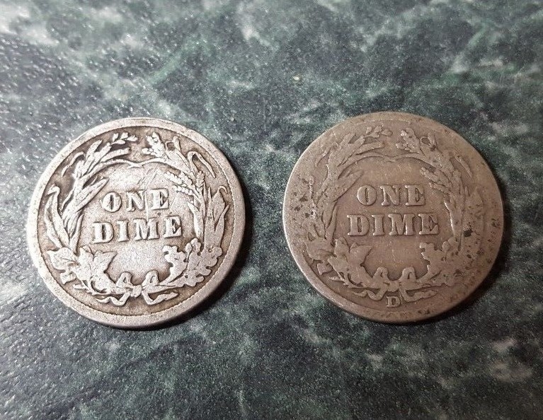 1914 P, D Barber dimes, circulated and ungraded.