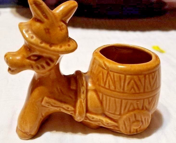 Vintage Ceramic Donkey Pulling Barrel Cart Toothpick Holder Japan