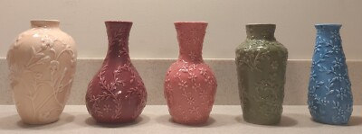 Bountiful Elements 5 Bud Vases Ceramic Yellow Maroon Rose Green Blue 5'' Tall NIB