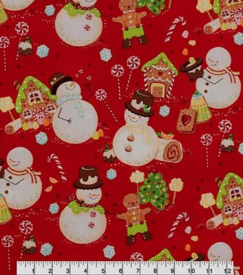 ALEXANDER HENRY Fabric - CANDYLAND SNOWMAN - on Red - 18'' / HALF YARD
