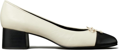 Pre-owned Tory Burch Women Leather Shoes Cap Toe Pumps Light Cream Perfect Black In White