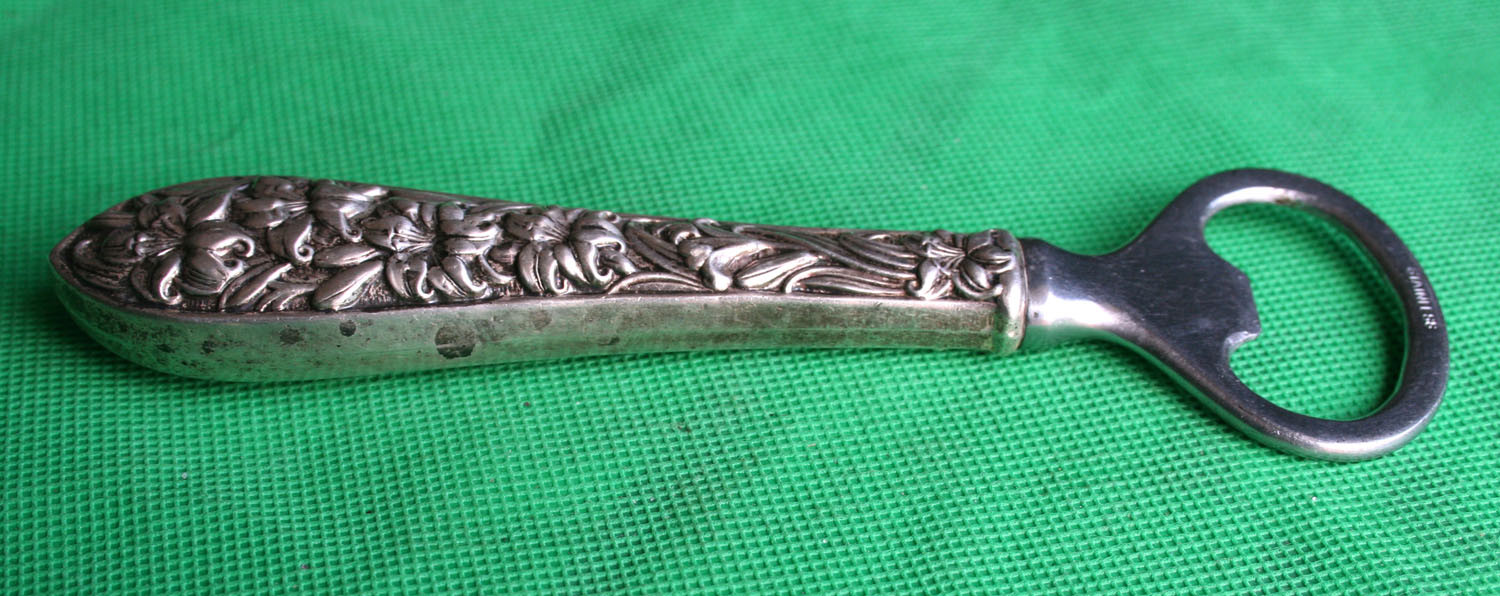 Vintage Sterling Silver Handle Bottle Opener Ornate Floral Pattern