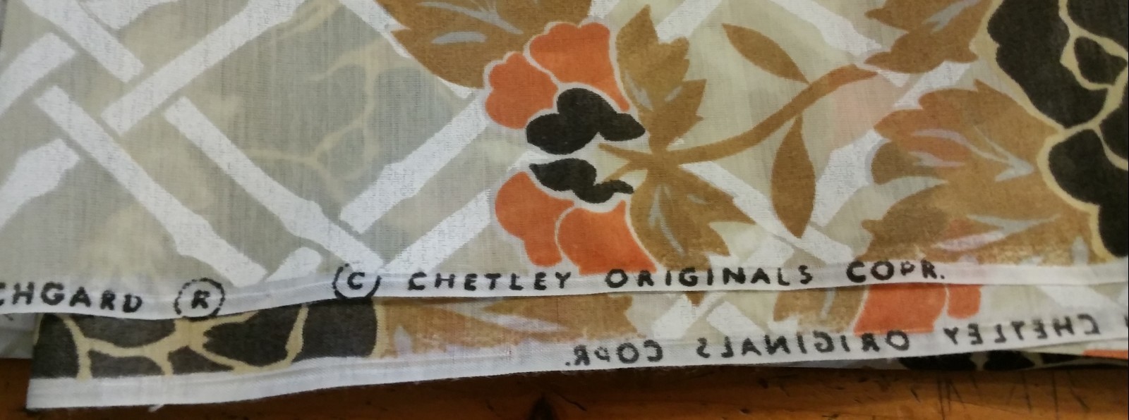 Vtg Fabric Upholstery Mid Century Orange Gold Black Floral 70s CHETLEY ORIGINAL