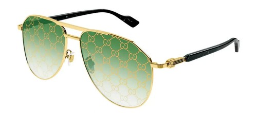 Pre-owned Gucci Sunglasses  Gg1220s 004 Xl Gold & Black/green W/ Gold Pattern Logo Lens