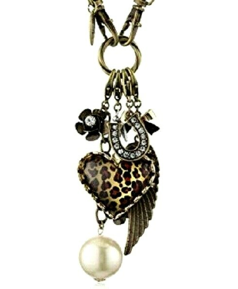 Rare Authentic Betsey Johnson "Lovely Leopard" Heart Carabiner Necklace USA