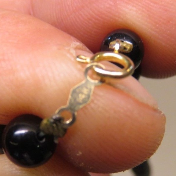 Black Glass Bead Necklace and Matching Bracelet with 14k Yellow Gold Clasp