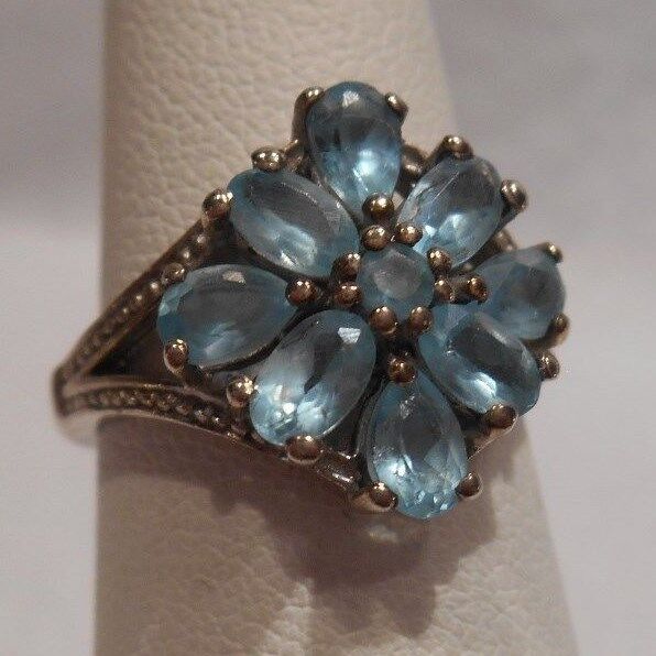 *estate~aquamarine Flower Floral 925 Sterling Silver Dot Detail Band Ring Size 6