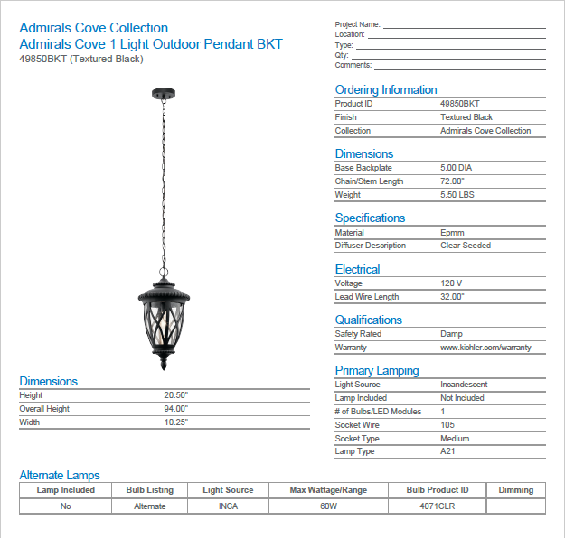 49850BKT  Kichler Lighting Admirals Cove Harsh Weather Hanging Lantern