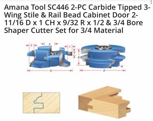 AMANA TOOL SC446 STILE AND RAIL BEAD CABINET DOOR CUTTER SET