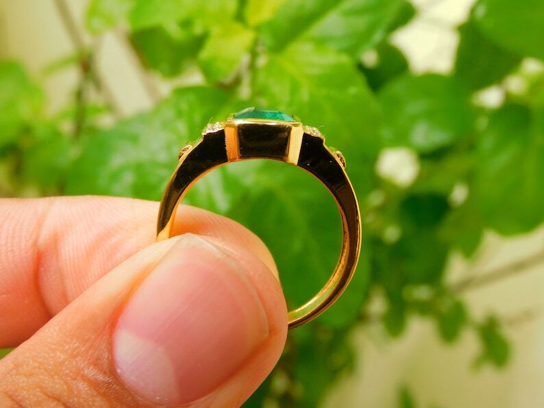 Pre-owned Handmade Emerald Mens Ring In 18k Gold Diamond Ring May Birthstone Natural Emerald Ring In Green