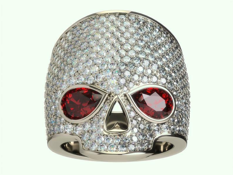 Pre-owned Online0369 2ct Pear Garnet Cubic Zirconia Mens Skull Head Ring Yellow Gold Plated Silver
