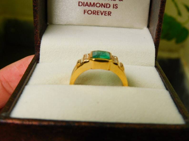 Pre-owned Handmade Emerald Mens Ring In 18k Gold Diamond Ring May Birthstone Natural Emerald Ring In Green