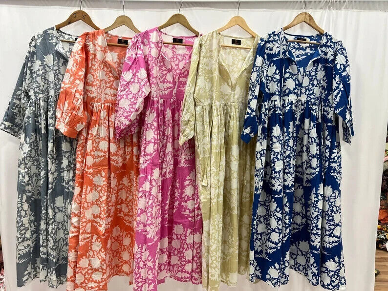 Pre-owned Flowers 10 Floral Cotton Midi Dress, Long Maxi Dress For Women, Indian Block Print Dress In Multicolor