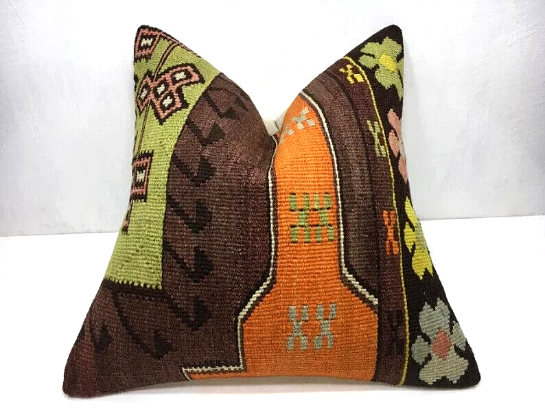 20x20 Kilim Pillow Cover Oushak Wool Kilim Rug Decorative Handmade Cushion Cover