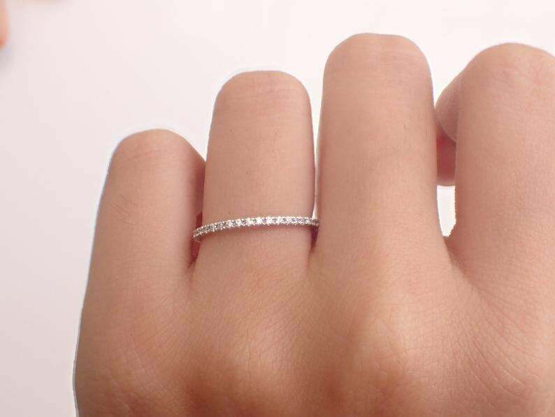Pre-owned Handmade Diamond Wedding Band, 1.3mm Half Eternity Band, Thin Dainty Stackable Band In White