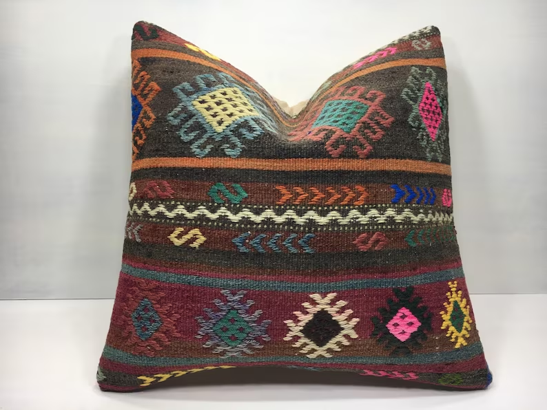 20x20 Kilim Pillow Cover Oushak Wool Kilim Rug Decorative Handmade Cushion Cover