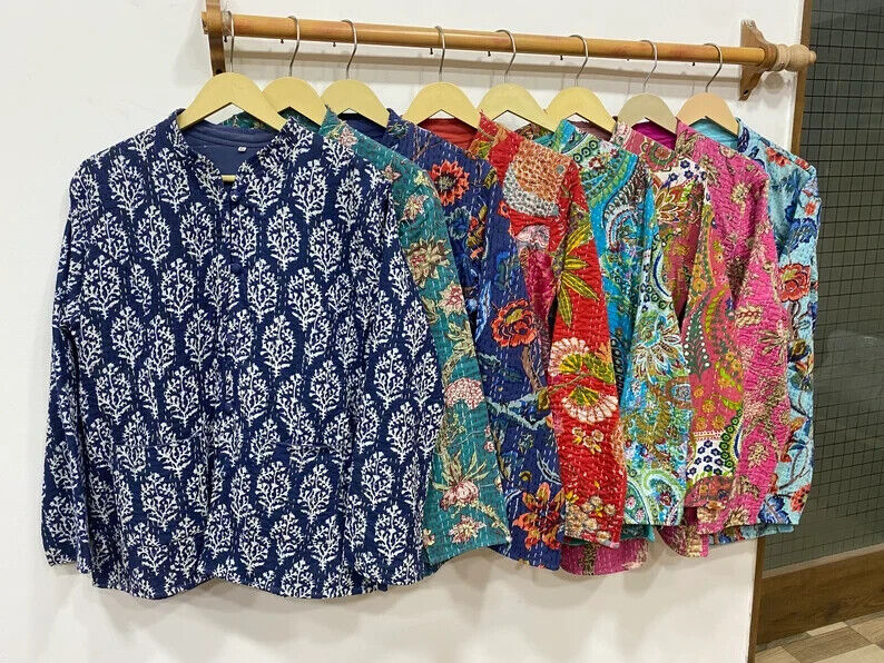 Pre-owned Handmade 5 Cotton Kantha Jacket, Indian  Quilted Coat, Women Wear Kantha Jacket In Yellow