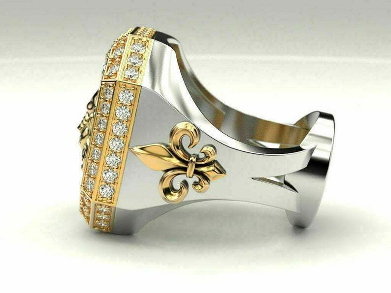 Pre-owned Online0369 0.48cts Cubic Zirconia Mens Large Unique Custom Ring White Gold Plated Silver