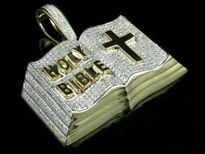 Pre-owned Nsg Holy Bible Cross Charm 3 Ct Vvs Moissanite Pendant 14k Yellow Gold Plated Silver