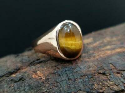 HANDMADE 925 STERLING SILVER 14K GOLD PLATED TIGER EYE STATEMENT MEN'S RING SIZE 8