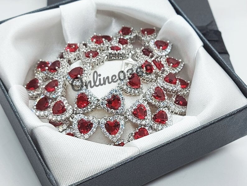 Pre-owned Valentine Women's Day Gift 29ct Heart Ruby & Cubic Zirconia Ladies Halo Tennis Necklace In Pink