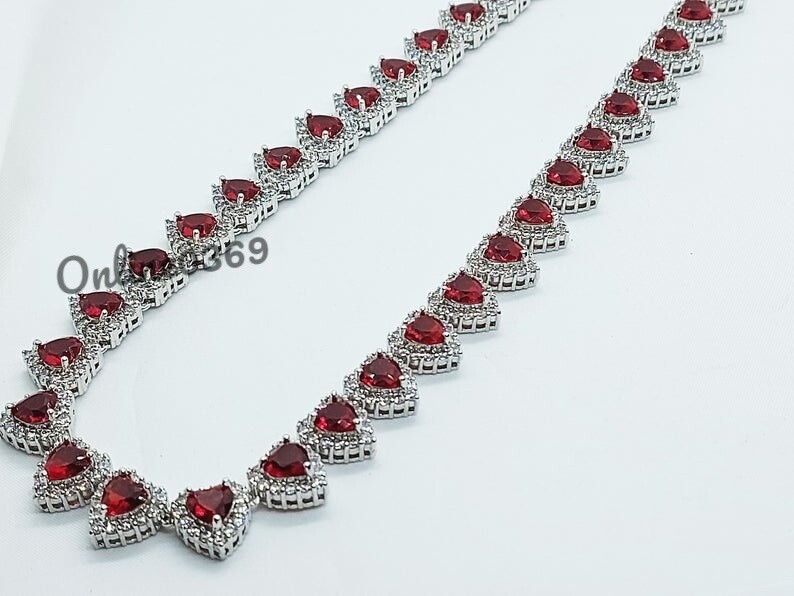 Pre-owned Valentine Women's Day Gift 29ct Heart Ruby & Cubic Zirconia Ladies Halo Tennis Necklace In Pink