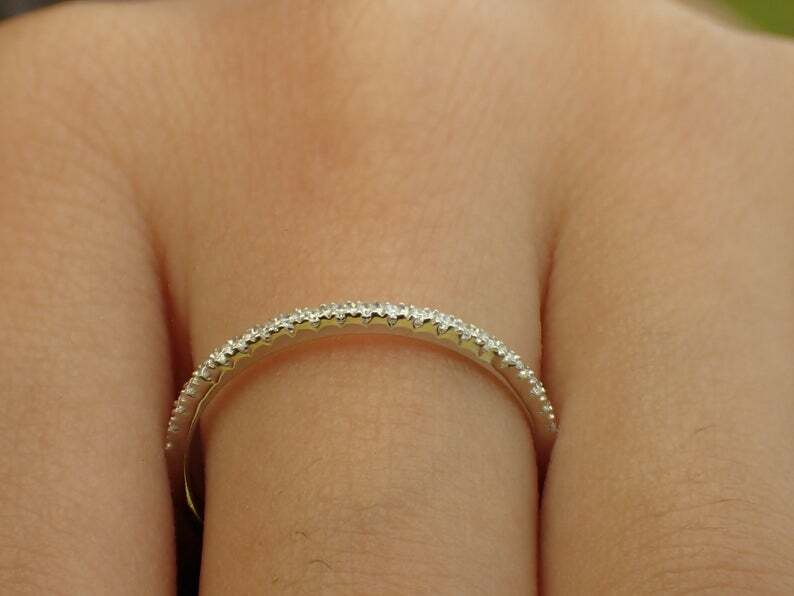 Pre-owned Handmade Diamond Wedding Band, 1.3mm Half Eternity Band, Thin Dainty Stackable Band In White