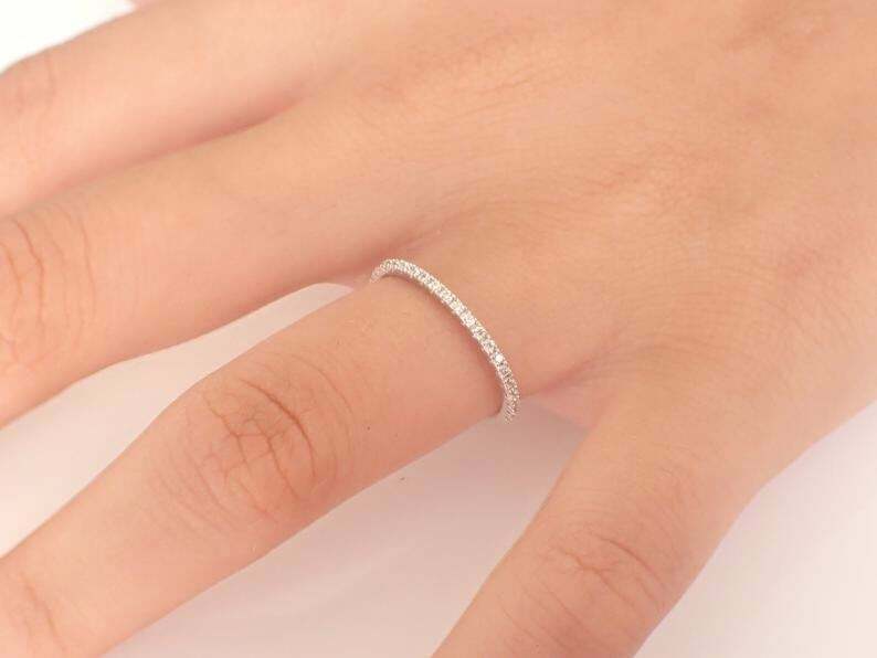Pre-owned Handmade Diamond Wedding Band, 1.3mm Half Eternity Band, Thin Dainty Stackable Band In White