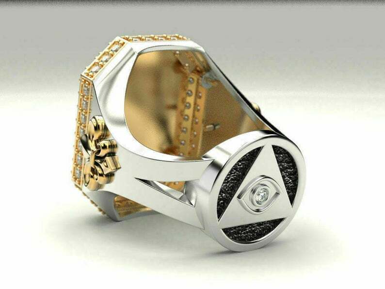 Pre-owned Online0369 0.48cts Cubic Zirconia Mens Large Unique Custom Ring White Gold Plated Silver