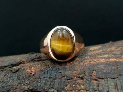 HANDMADE 925 STERLING SILVER 14K GOLD PLATED TIGER EYE STATEMENT MEN'S RING SIZE 8