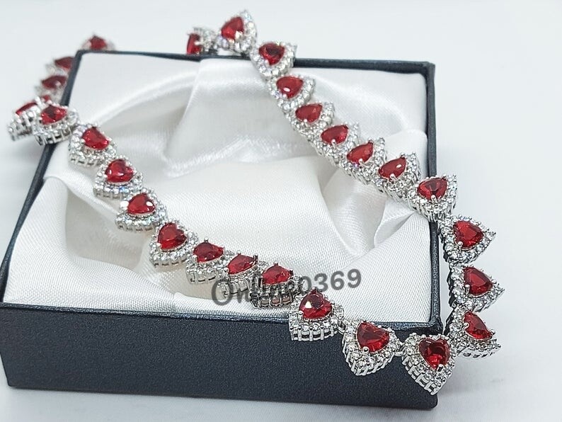 Pre-owned Valentine Women's Day Gift 29ct Heart Ruby & Cubic Zirconia Ladies Halo Tennis Necklace In Pink