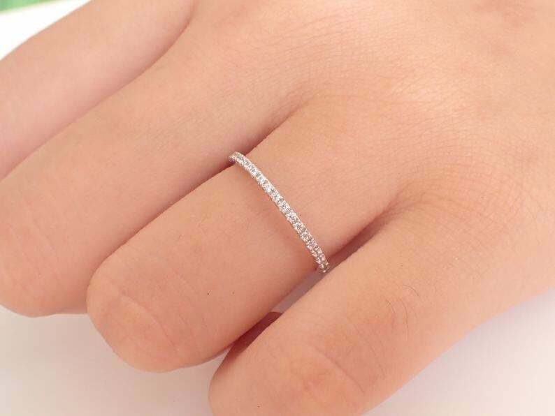 Pre-owned Handmade Diamond Wedding Band, 1.3mm Half Eternity Band, Thin Dainty Stackable Band In White