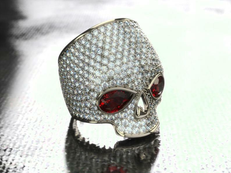 Pre-owned Online0369 2ct Pear Garnet Cubic Zirconia Mens Skull Head Ring Yellow Gold Plated Silver