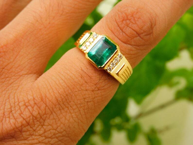 Pre-owned Handmade Emerald Mens Ring In 18k Gold Diamond Ring May Birthstone Natural Emerald Ring In Green