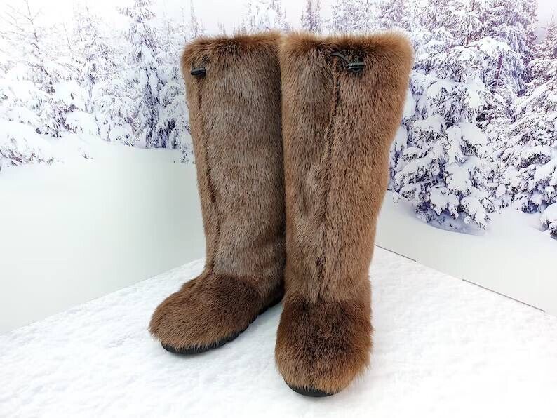 Pre-owned Litvin Waterproof Real Otter Fur Women Winter Boots Tall Snow Boots Mukluks Handmade