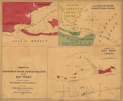Chart of Savannah River Pensacola Bay Key West Florida 16x20