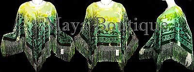 Pre-owned Maya Matazaro Dyed Silk Poncho Shawl Top Lime & Green  In Multicolor
