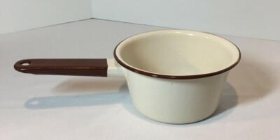 Vintage Enamelware Small Pan Cream and Brown Camping Farmhouse