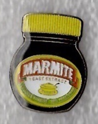 Marmite pin badge, Love it or hate it. Jar design. Metal. Enamel. 