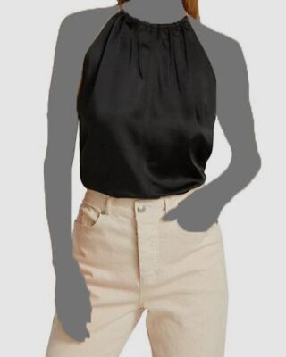 $275 A.L.C. Womens Black Daphne Satin Sleeveless Chain Halter Top Size 12