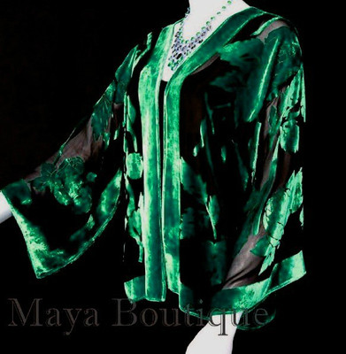 Pre-owned Maya Matazaro Emerald & Black Silk Burnout Velvet Jacket Short Kimono No Fringe  In Green