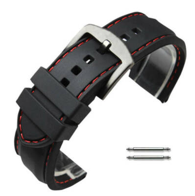 Black Rubber Silicone PU Replacement Watch Band Strap Steel Buckle Red Stitching