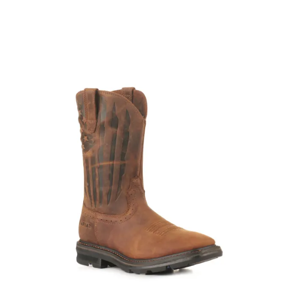 Men's Distressed Brown Premium Full Grain Leather Stamped Flag Design Work Boots