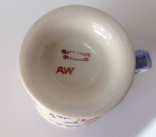 Polish Pottery Stoneware Coffee Mug Cup Pedestal 8 oz Pink Flowers Blue Border