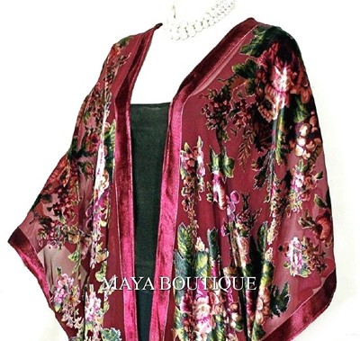 Pre-owned Maya Matazaro Caftan Kimono Jacket Silk Burnout Velvet Cherry Multi Gypsy Rose