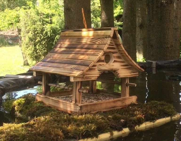 Vogelhaus Futterhaus Vogelfutterhaus Handarbeit Holz * geflammte Oberfläche *Neu