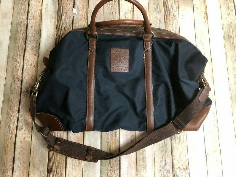 Polo Ralph Lauren Navy Tan Leather Canvas Travel Bag Buckle Strap 14x10x24