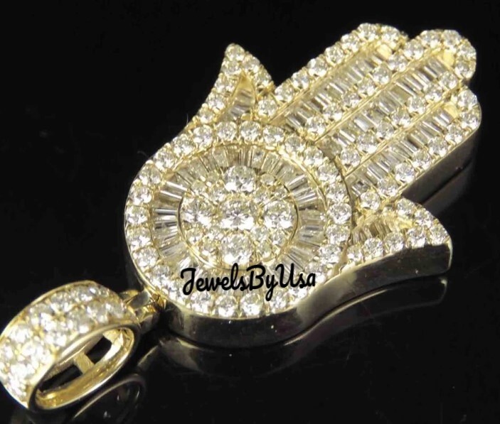 Pre-owned Nsg Men's Baguette Moissanite Hamsa Hand Charm Pendant 3ct Yellow Gold Plated Silver
