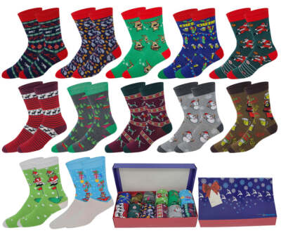 Different Touch 12 Pairs Men's Christmas Festive Design Crew Socks 10-13
